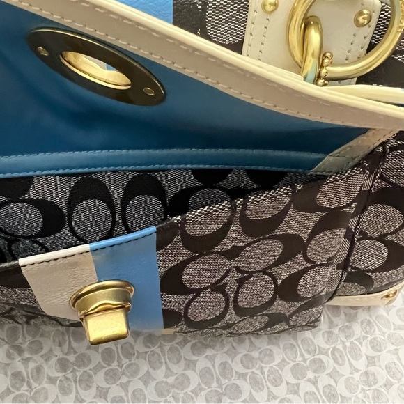RARE- Coach Monogram Leather Gold Trim Satchel Purse Designer Heritage Handbag - Picture 11 of 16